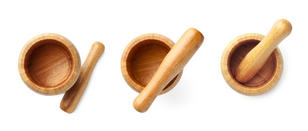 Image of Wooden mortar and pestle isolated on white, set. Top view