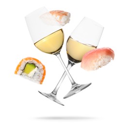 Image of Wine in glasses and sushi falling on white background