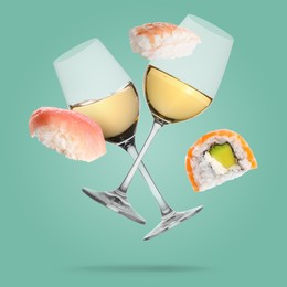 Image of White wine in glasses and sushi falling on turquoise background