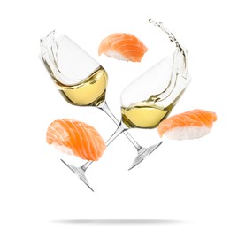 Image of Wine in glasses and nigiri sushi falling on white background