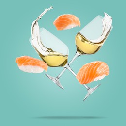 Image of Wine in glasses and nigiri sushi falling on light blue background