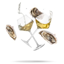 Image of Wine in glasses and fresh oysters falling on white background