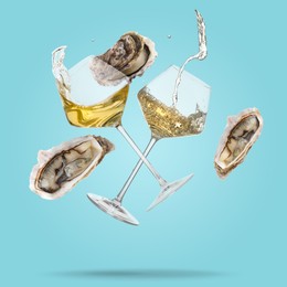 Image of Wine in glasses and fresh oysters falling on light blue background