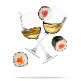 Image of Wine in glasses and sushi rolls falling on white background