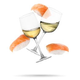 Image of Wine in glasses and nigiri sushi falling on white background