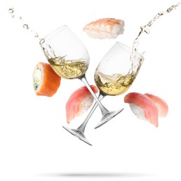Image of Wine in glasses and sushi falling on white background