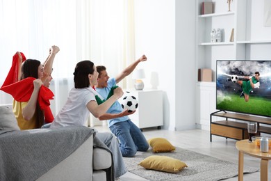 Image of Football fans watching soccer match on TV set at home