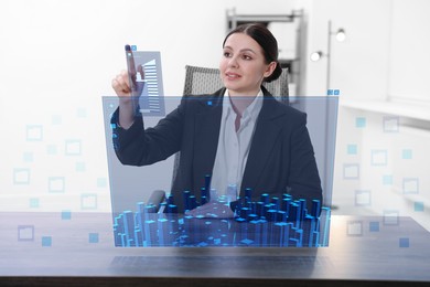 Image of Building information modelling. Woman using virtual screen in office