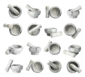 Image of Marble mortar and pestle isolated on white, collage. Top and side view