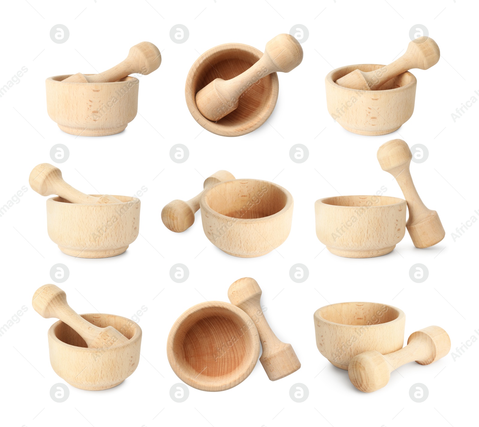 Wooden mortar and pestle isolated on white, collage. Top and side view Image of Wooden mortar and pestle isolated on white, collage. Top and side view