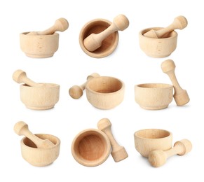 Image of Wooden mortar and pestle isolated on white, collage. Top and side view