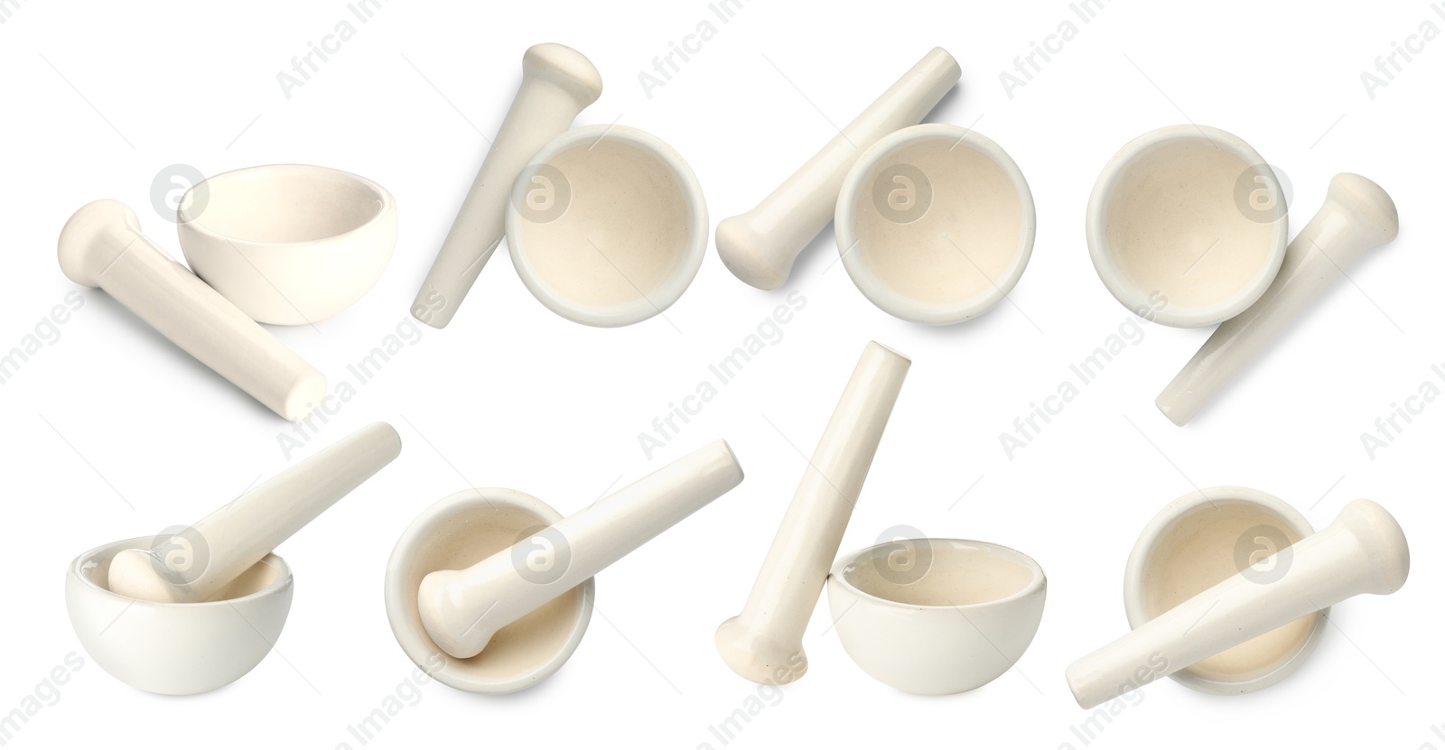 Ceramic mortar and pestle isolated on white, collage. Top and side view Image of Ceramic mortar and pestle isolated on white, collage. Top and side view