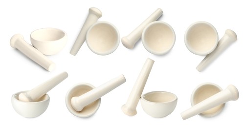 Image of Ceramic mortar and pestle isolated on white, collage. Top and side view