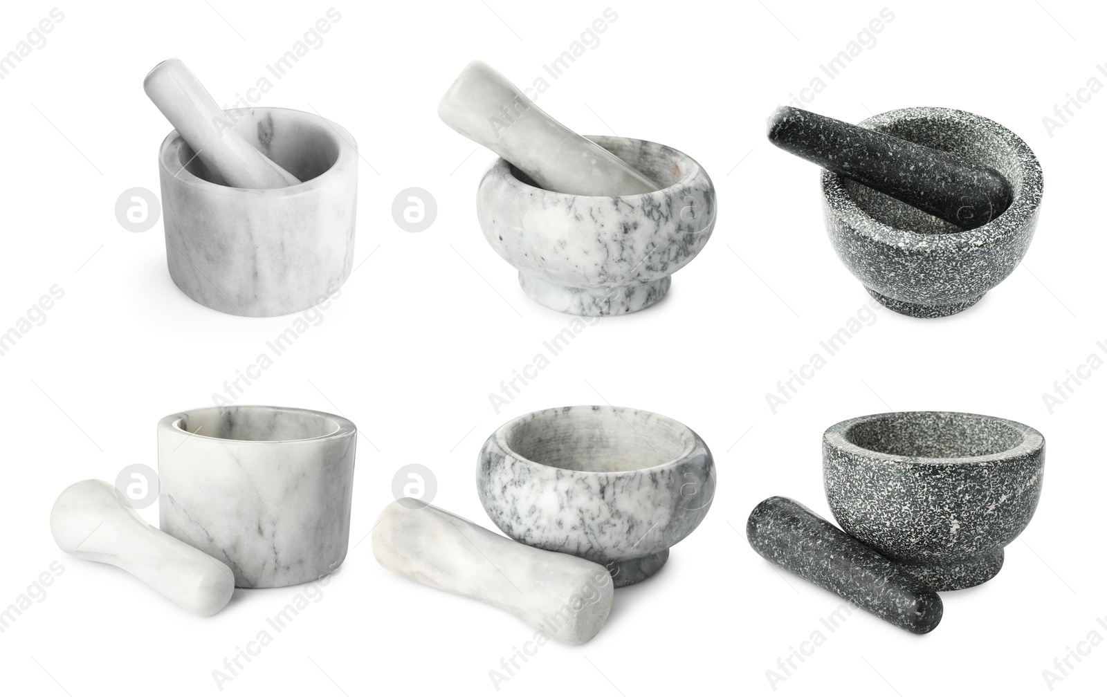 Image of Stone mortars and pestles isolated on white, collage