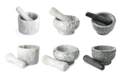 Image of Stone mortars and pestles isolated on white, collage