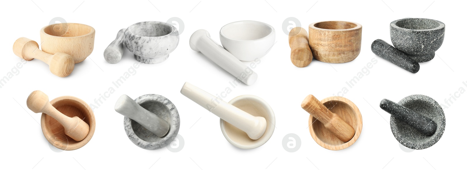 Image of Different mortars and pestles isolated on white, collage. Top and side view
