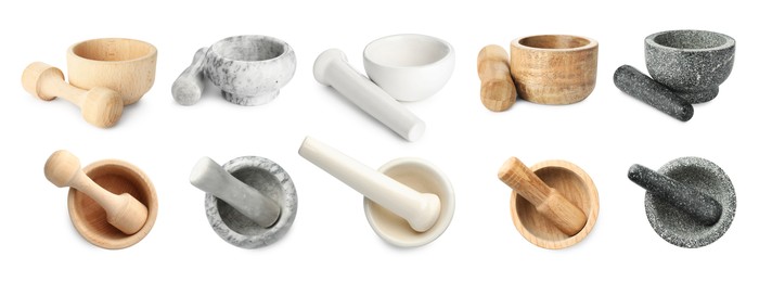Image of Different mortars and pestles isolated on white, collage. Top and side view