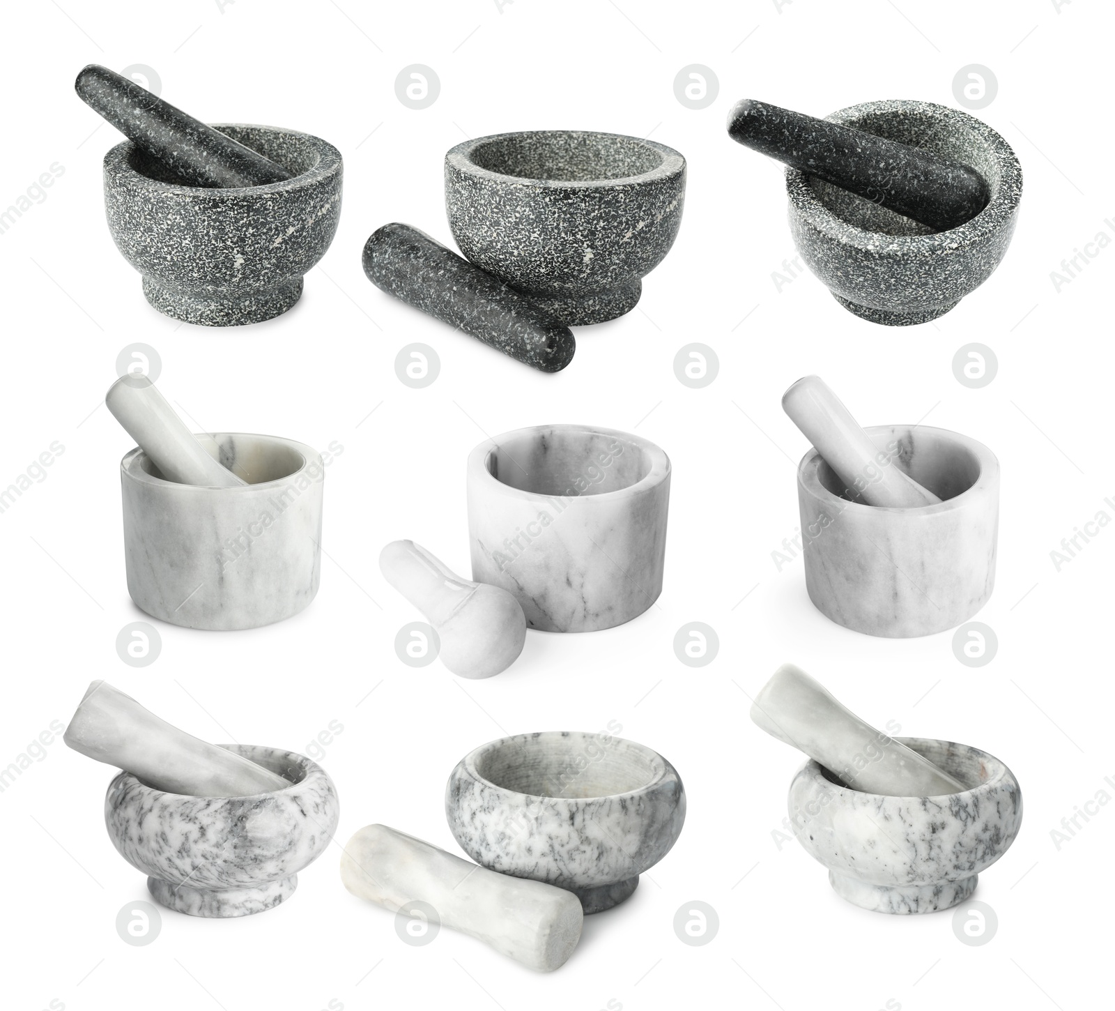 Image of Stone mortars and pestles isolated on white, collage