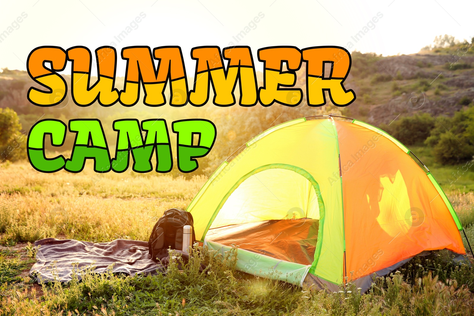 Summer camp, seasonal vacation. Tent and tourist equipment in nature Image of Summer camp, seasonal vacation. Tent and tourist equipment in nature