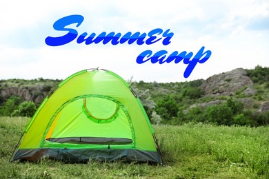 Image of Summer camp, seasonal vacation. Tourist tent in nature