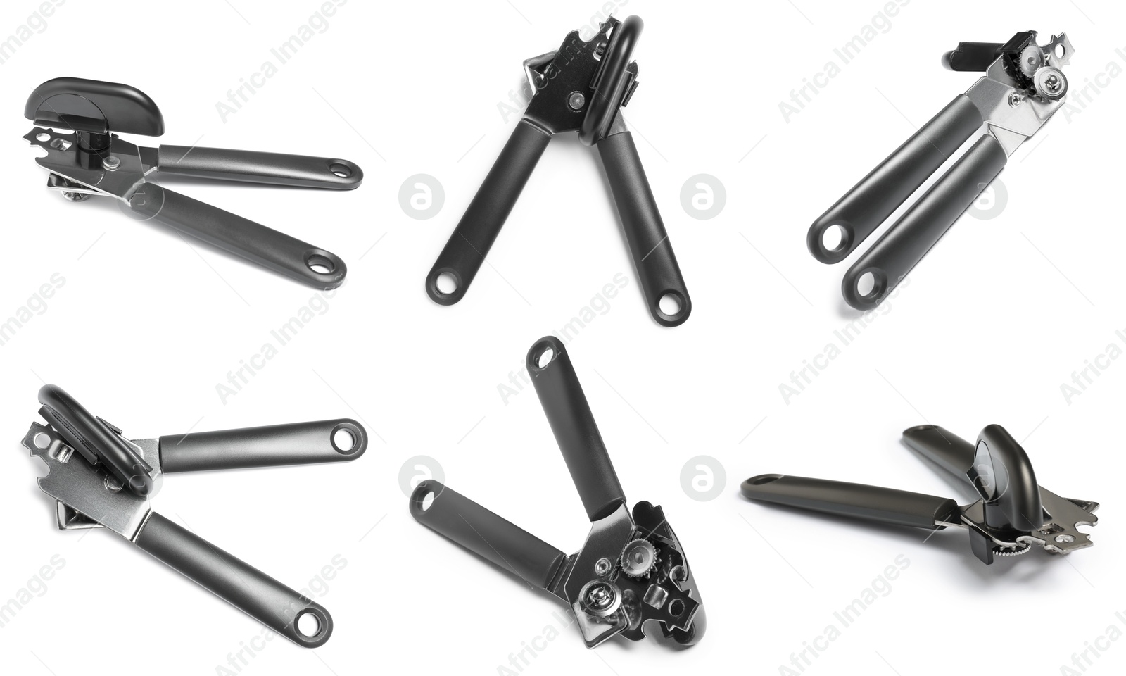 Can opener isolated on white, collage. View from different sides Image of Can opener isolated on white, collage. View from different sides