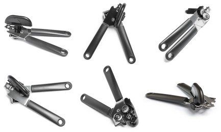 Image of Can opener isolated on white, collage. View from different sides