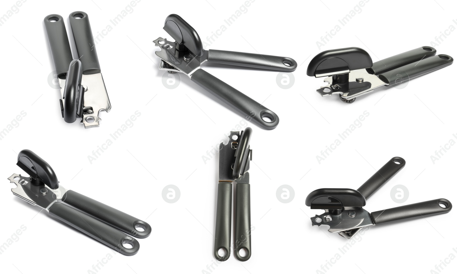 Can opener isolated on white, collage. View from different sides Image of Can opener isolated on white, collage. View from different sides