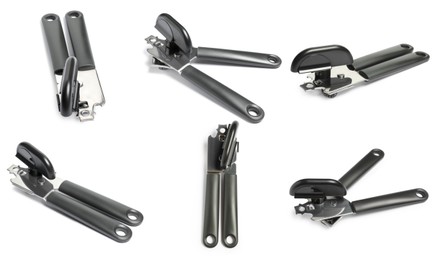 Image of Can opener isolated on white, collage. View from different sides