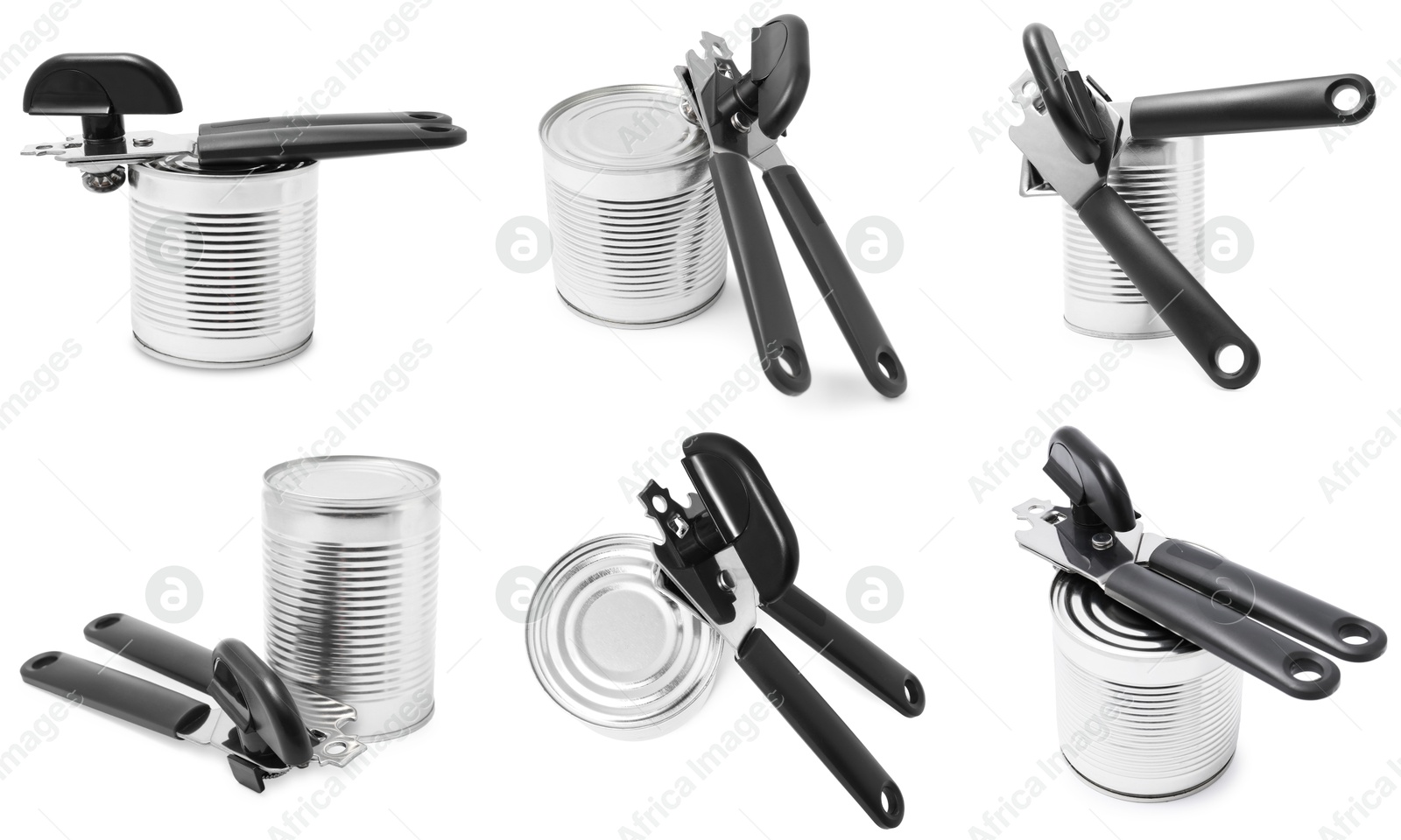 Image of Can opener and tin isolated on white, collage