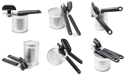 Image of Can opener and tin isolated on white, collage