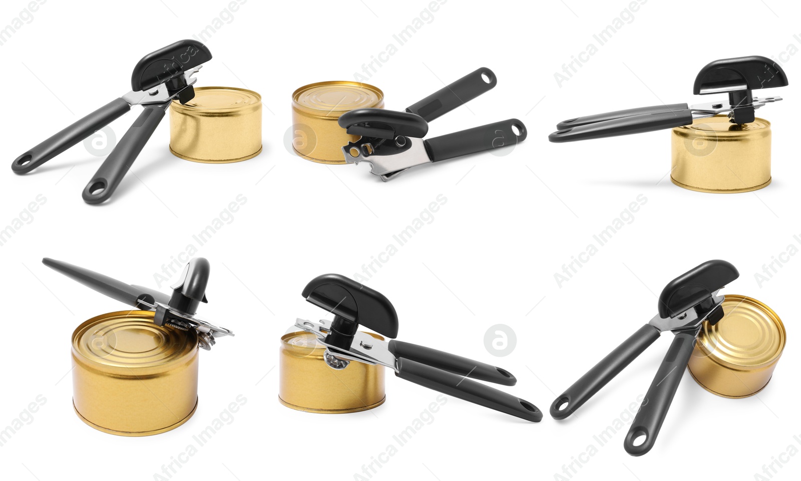 Can opener and tin isolated on white, collage Image of Can opener and tin isolated on white, collage