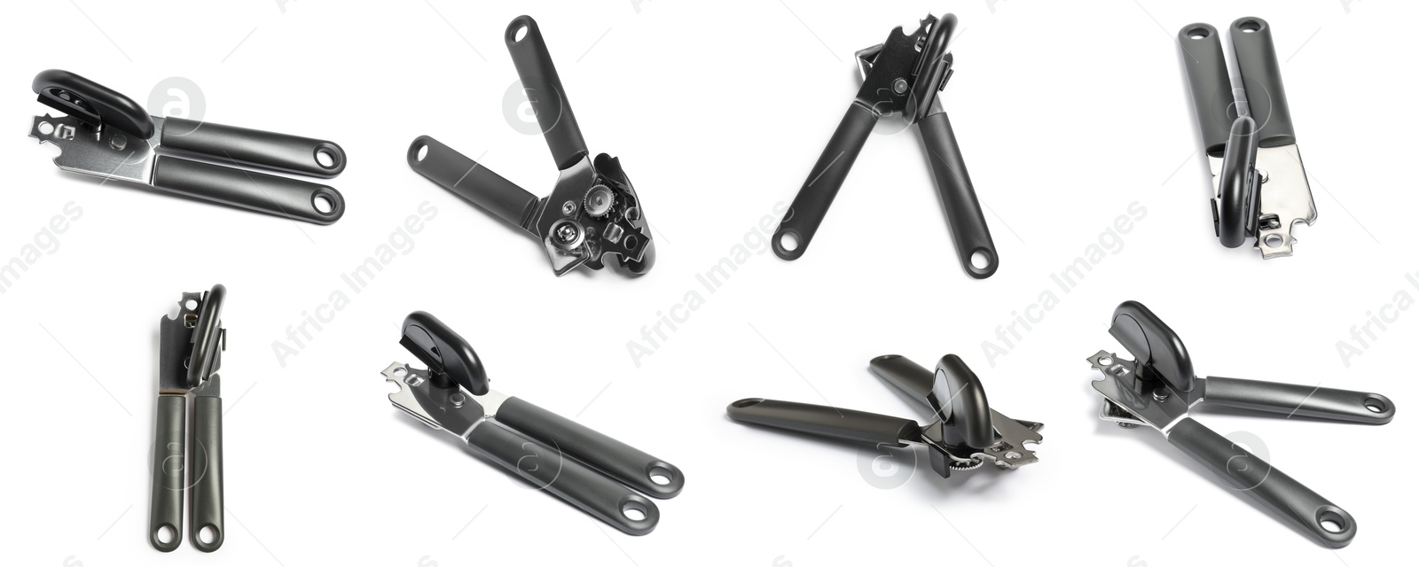 Image of Can opener isolated on white, collage. View from different sides