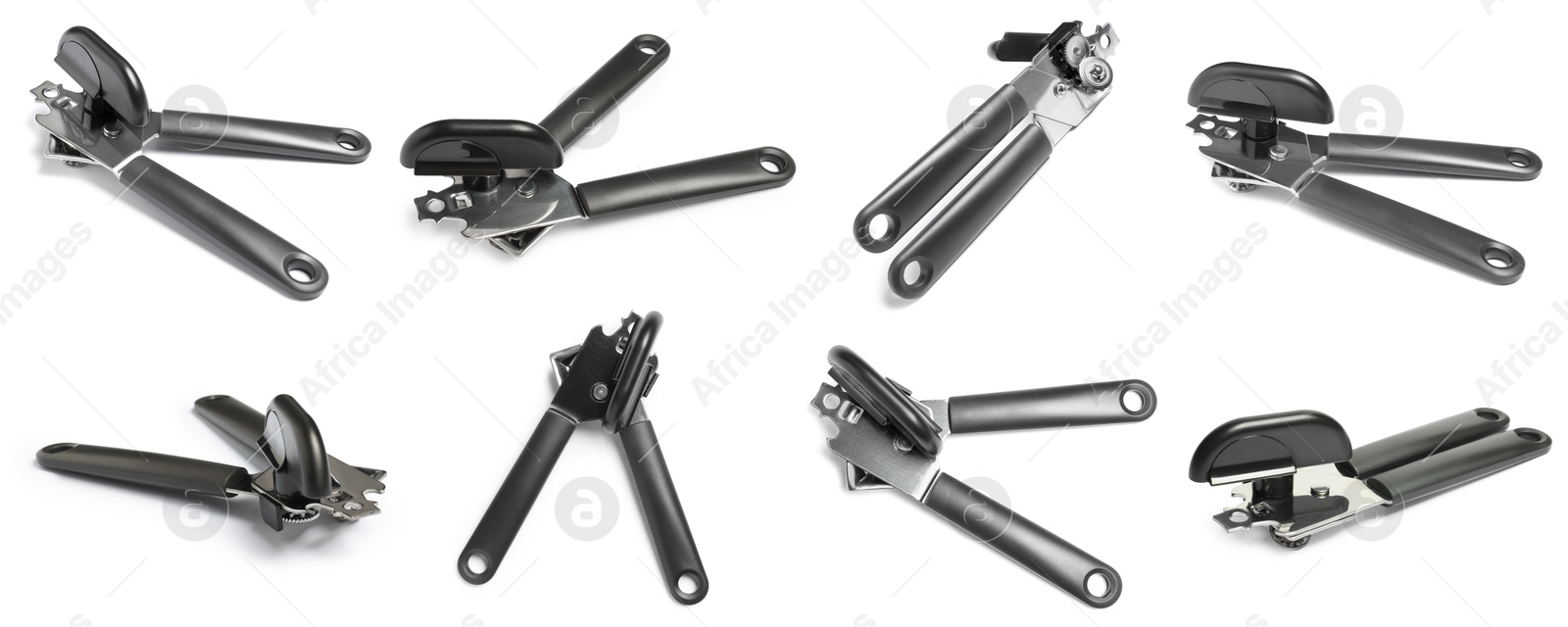 Can opener isolated on white, collage. View from different sides Image of Can opener isolated on white, collage. View from different sides
