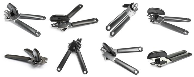 Image of Can opener isolated on white, collage. View from different sides
