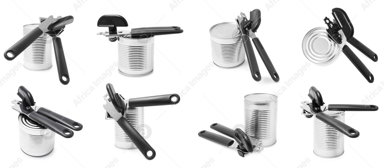 Can opener and tin isolated on white, collage Image of Can opener and tin isolated on white, collage
