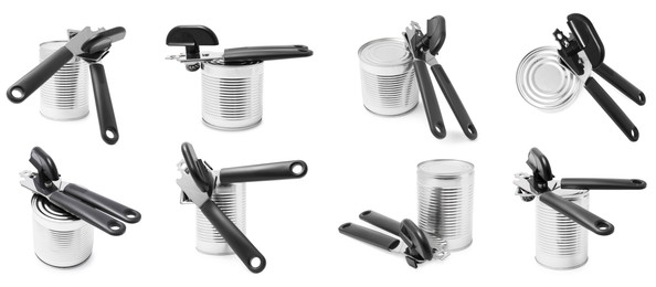 Image of Can opener and tin isolated on white, collage