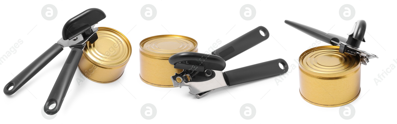 Can opener and tin isolated on white, collage Image of Can opener and tin isolated on white, collage