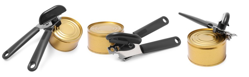 Image of Can opener and tin isolated on white, collage