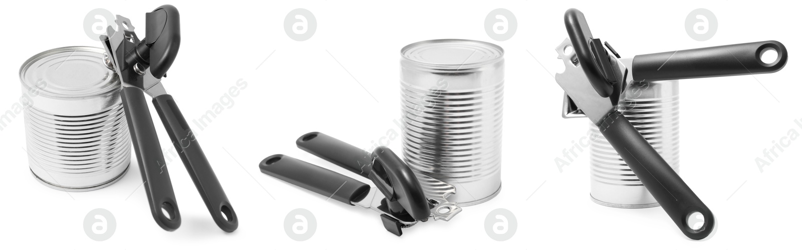 Can opener and tin isolated on white, collage Image of Can opener and tin isolated on white, collage