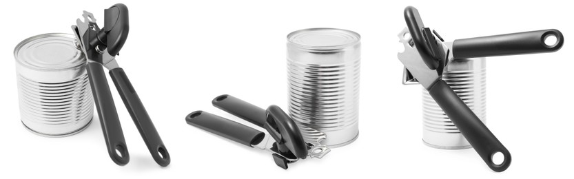 Image of Can opener and tin isolated on white, collage
