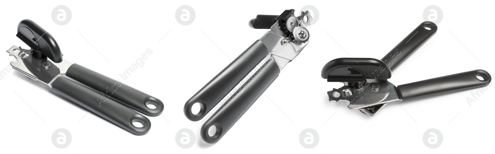 Image of Can opener isolated on white, collage. View from different sides