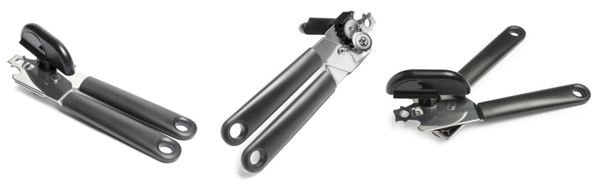 Image of Can opener isolated on white, collage. View from different sides