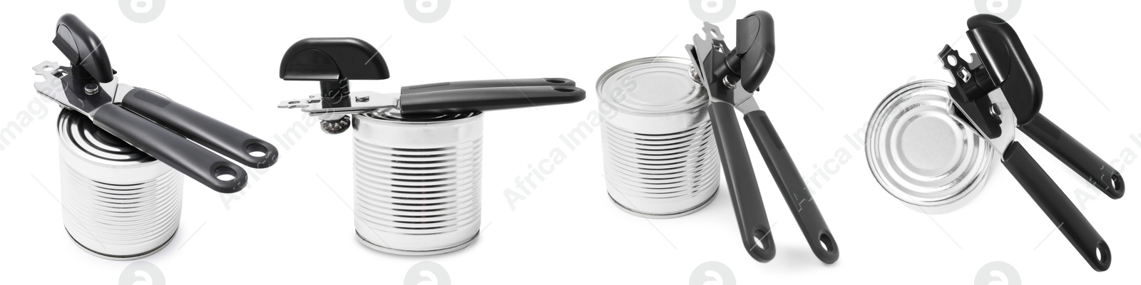 Image of Can opener and tin isolated on white, collage