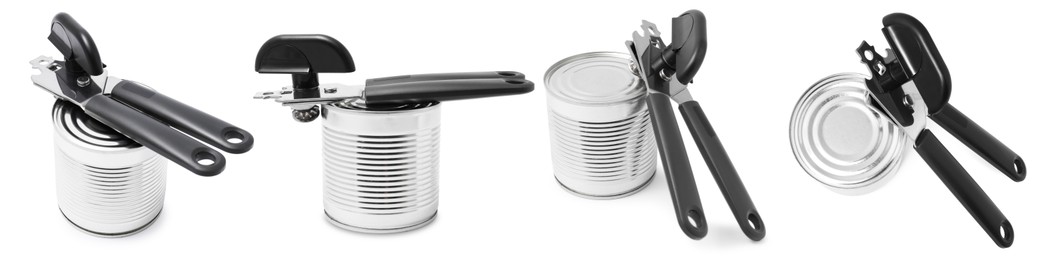 Image of Can opener and tin isolated on white, collage