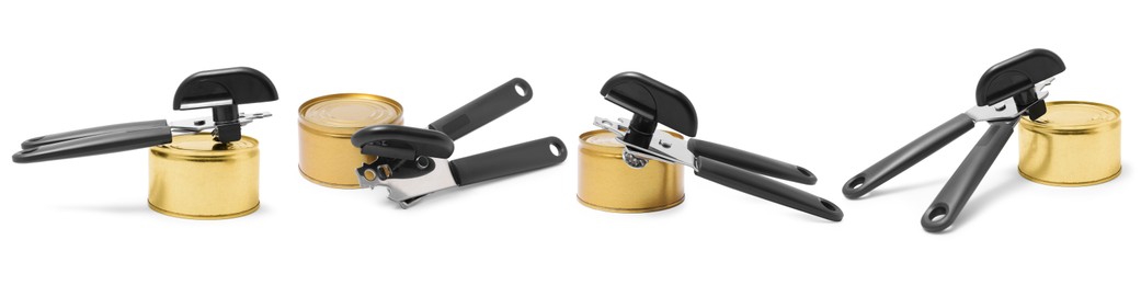Image of Can opener and tin isolated on white, collage