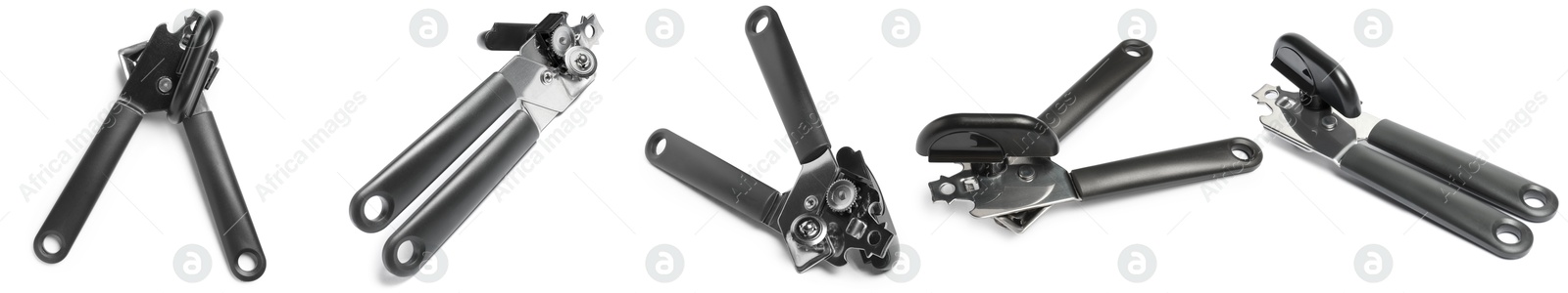 Can opener isolated on white, collage. View from different sides Image of Can opener isolated on white, collage. View from different sides