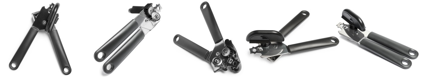 Image of Can opener isolated on white, collage. View from different sides
