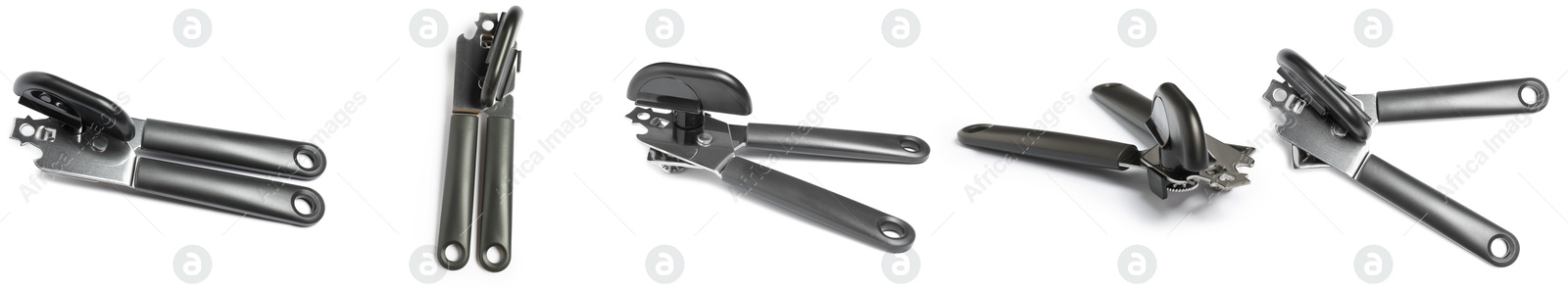Image of Can opener isolated on white, collage. View from different sides