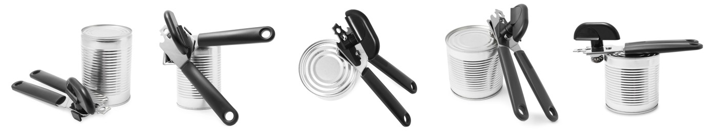 Image of Can opener and tin isolated on white, collage