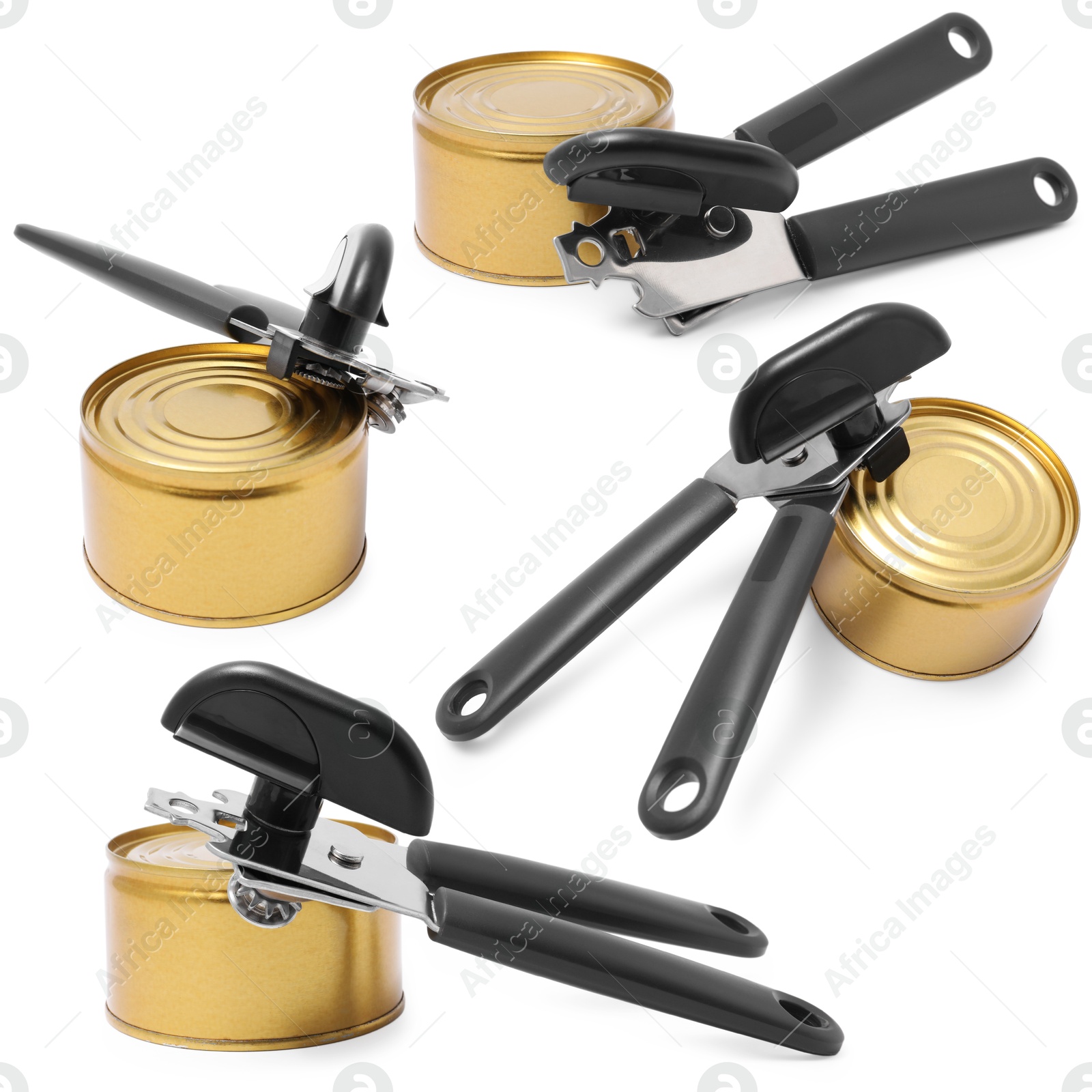 Can opener and tin isolated on white, collage Image of Can opener and tin isolated on white, collage